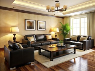 Modern living room features sleek black leather sofa, dark wood coffee table, and matching armchairs, against a neutral backdrop of cream-colored walls and soft lighting.