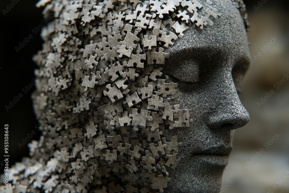 Poster brainwaves brain circuit sculpted face composed of intricate jigsaw puzzle pieces representing the c