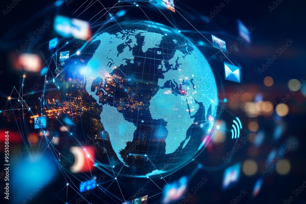 Poster blue glowing globe with lines of light connecting to screens with icons symbolizing global communica