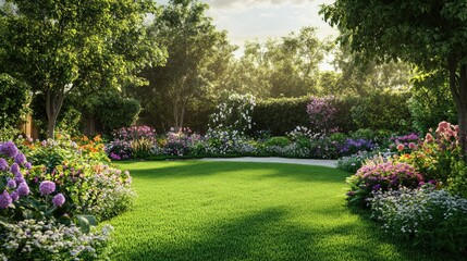 Vibrant summer garden with a variety of blooming flowers and a lush green lawn, ideal for outdoor enjoyment