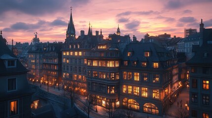 Cityscape at dusk, featuring a mix of historical and modern buildings with illuminated windows, 3D architecture