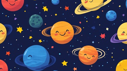 Obraz premium A cheerful pattern featuring colorful planets and stars in a night sky, ideal for children's decor or educational materials.