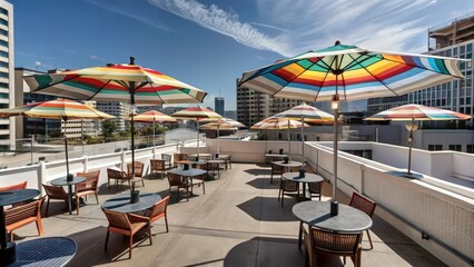 Fototapeta premium Rooftop Patio with Colorful Umbrellas and Tables