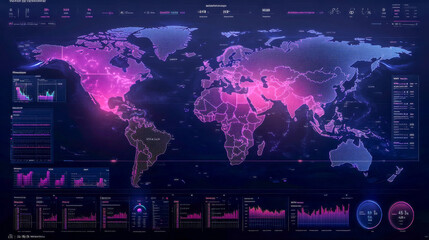 Futuristic Global Data Network Interface with Glowing World Map and Analytics