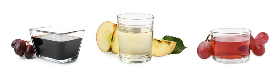 Different types of vinegar isolated on white, set