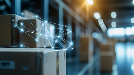 A modern warehouse environment with interconnected packages and glowing network lines, symbolizing smart logistics and efficient supply chain management.
