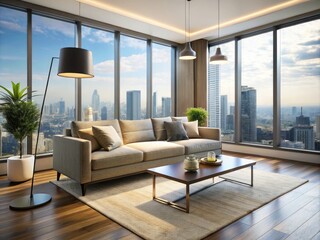 Naklejka premium Modern minimalist living room interior with sleek couch, coffee table, and floor lamp, surrounded by urban cityscape views through large windows.