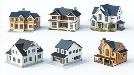 A diverse collection of residential homes showcasing various architectural styles and designs, presented in a visually appealing arrangement