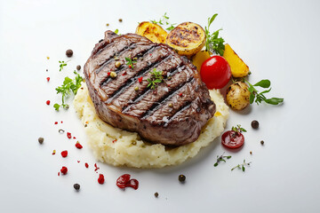 The steak is shown with a rich mushroom sauce serve on white plate, paired with crispy onion rings. Splashes of sauce and onion elements 