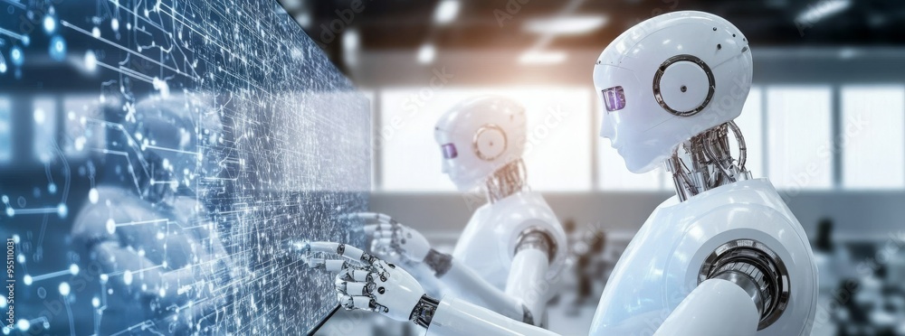 Poster a smart factory concept using ai, automatic robot arms for manufacturing operations by using system 