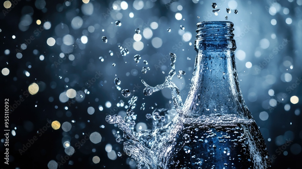 Aufkleber water splashing out of a bottle with droplets suspended in mid-air, ideal for a refreshing and dynam