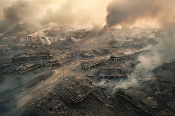 Obraz premium Urban Devastation: City Covered in Ash and Lava Flow After Volcanic Eruption - Apocalyptic Scene for Disaster Theme