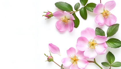 Rosehip flowers with leaf isolated on white background