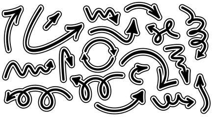 Vector illustration of a collection of dynamic curved and wavy black arrow icons featuring bold white outlines and unique flow styles.