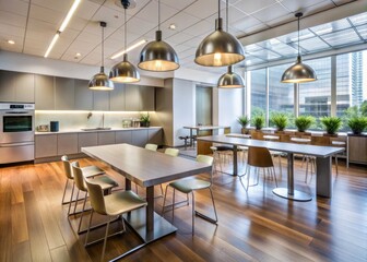 Modern office cafeteria features sleek tables and chairs, stainless steel appliances, and pendant lighting, creating a contemporary break room for employees to relax.