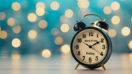 Black Friday Countdown Concept with Vintage Alarm Clock and Blurred Lights Background
