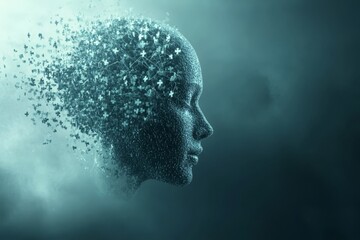 Mind Schema Brain circuit Abstract profile of a woman&rsquo;s head dissolving into particles symbolizing the fragility of memory and identity in the ephemeral digital world