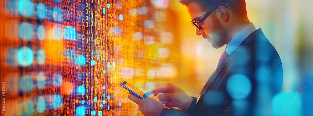 Poster ai stock, innovative technology. businessman working on a digital tablet with machine learning techn