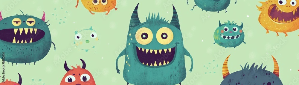 Poster a vibrant collection of playful monsters with unique expressions on a colorful background, perfect f