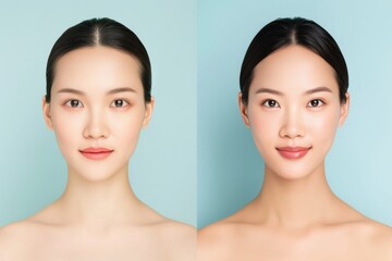 Flawless Asian Beauty: Portrait of a Young Woman Before and After Skincare