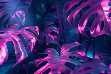 Fototapeta premium Flat lay frame with monstera green leaves on neon background with copy space. desktop wallpaper with monstera leaves. backdrop or green leafy tropical forest patterns for design elements.