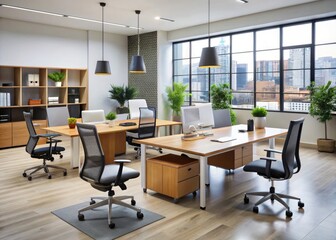 Fototapeta premium Modern office furniture on display at a discounted price in a sleek showroom, with ergonomic chairs and desks in a minimalist interior setting.