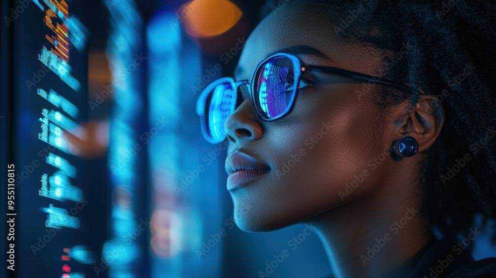 Poster ai cybersecurity, a black woman expert in artificial intelligence and cybersecurity analyzes data fi