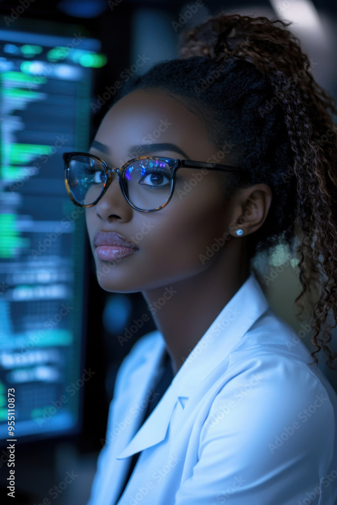 Aufkleber ai cybersecurity, a black woman expert in artificial intelligence and cybersecurity analyzes data fi