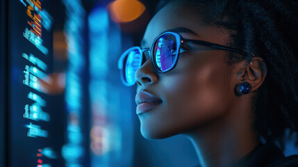 AI Cybersecurity,  A black woman expert in artificial intelligence and cybersecurity analyzes data files to prevent breaches and protect computer systems