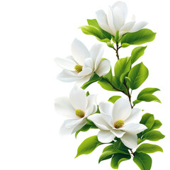 Fototapeta premium Elegant white magnolia flowers bloom amidst vibrant green leaves, perfect for adding a touch of nature to any design.