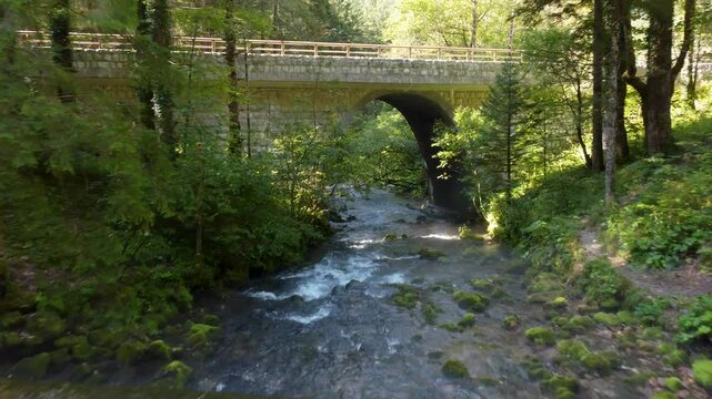 Footage of a Stone Bridge Over the Pristine Kamni&scaron;ka Bistrica River Near Its Spring with Steam Coming Out of The Water