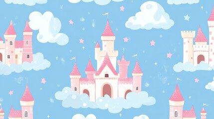 A whimsical castle scene set against a blue sky filled with fluffy clouds and soft pink accents, perfect for children's designs.