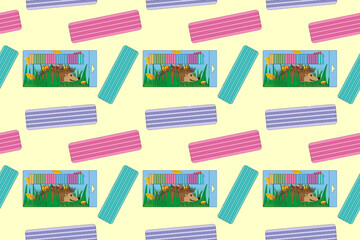 A colorful seamless pattern featuring plasticine bars and a cute hedgehog illustration. Perfect for back-to-school projects and designs.