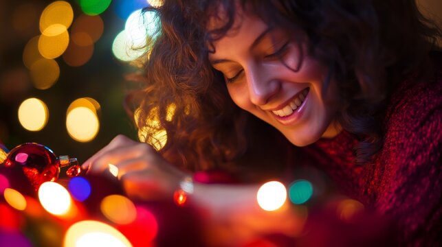 Person with visual impairment enjoying sensory Christmas experience with colorful lights and ornaments