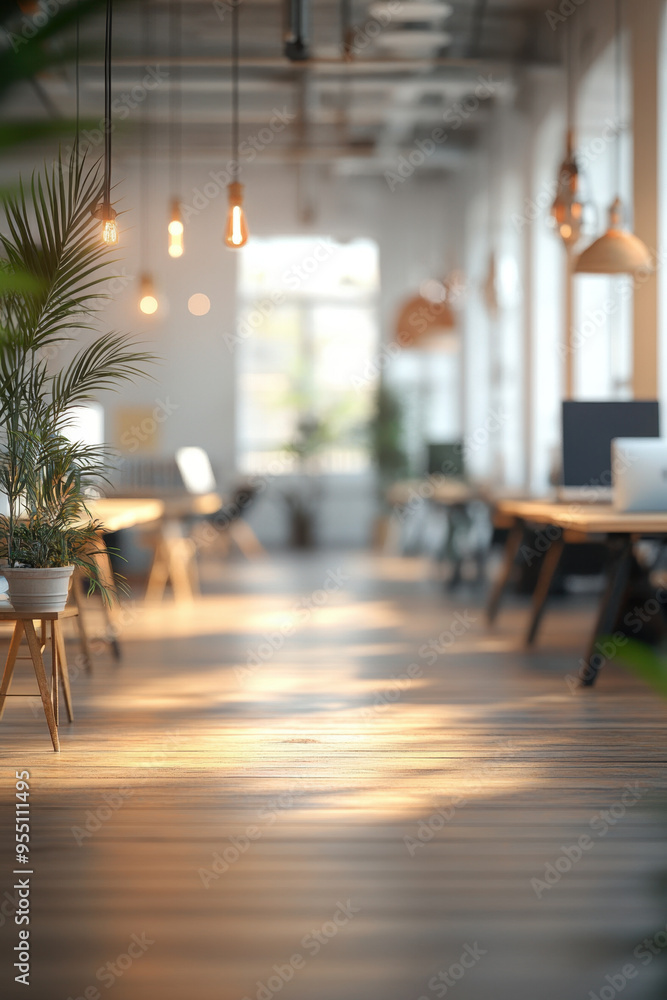 Poster Office Interior,  A blurred view of an empty office space with soft light effects, creating a calm and serene atmosphere perfect for relaxing or working