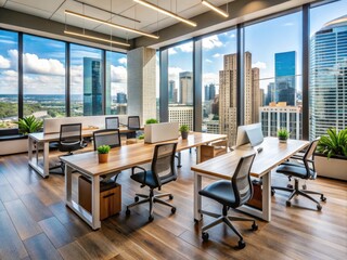 Modern open-concept office interior with sleek desks, ergonomically-designed chairs, and abundant natural light, situated in a thriving Austin, Texas business district setting.