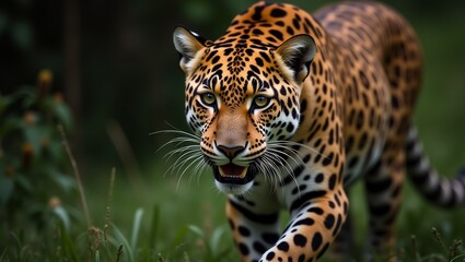 Naklejka premium a leopard running through the grass with a tree in the background.