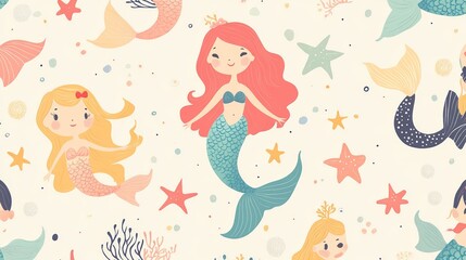 A whimsical underwater pattern featuring colorful mermaids, stars, and sea creatures in a playful design.