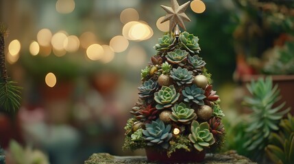 A unique succulent Christmas tree decorated with ornaments and a star during the holiday season