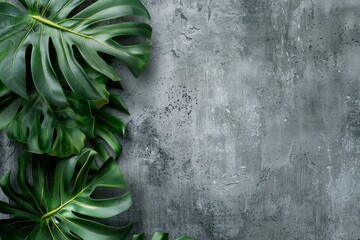 Flat lay frame with monstera green leaves on grey cement background with copy space image. desktop wallpaper with monstera leaves. backdrop or green leafy tropical forest patterns for design elements.