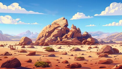 Desert oasis. Wild west. Vast desert expanse. Sun baked canyon walls. Natures sculptures. Cartoon 2d game illustration background.