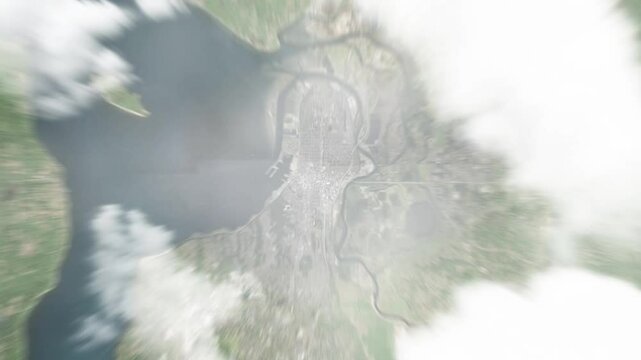Earth zoom in from space to Everett, Washington, USA. Followed by zoom out through clouds and atmosphere into space. Satellite view. Travel intro. Images from NASA