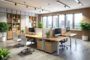 Modern, sleek office setup with modular panels and contemporary furniture, conveying professionalism and collaboration in a dynamic corporate workspace environment.