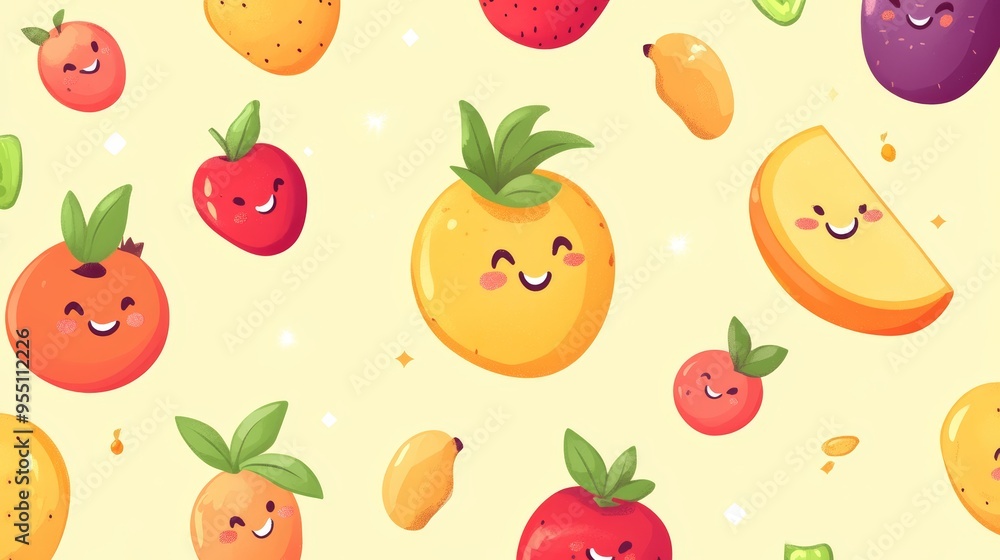Poster colorful and cheerful fruit pattern featuring smiling characters on a light background, perfect for 