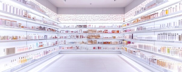 White shelves lined with colorful bottles and containers of various cosmetics and skincare products in a store.