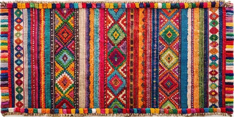 Colorful handmade ethnic rug carpet made from recycled materials, perfect for adding a retro touch to any room decor
