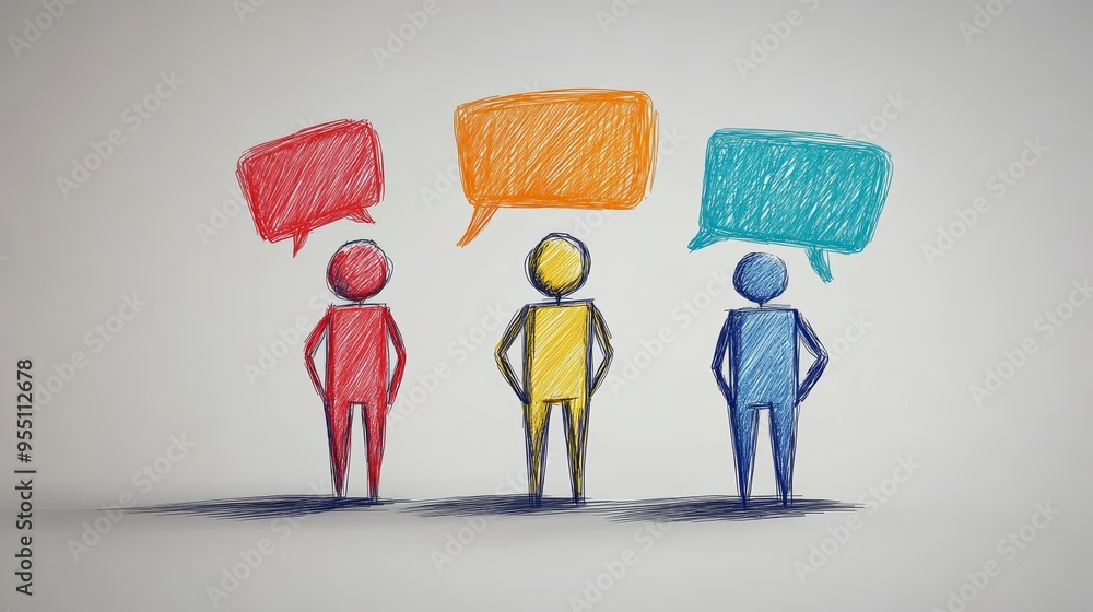 Poster colorful figures communicate with speech bubbles, representing dialogue and interaction in a creativ