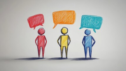 Colorful figures communicate with speech bubbles, representing dialogue and interaction in a creative, artistic style.