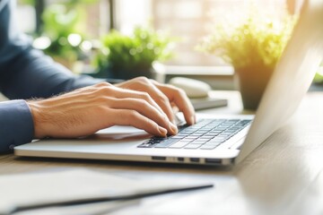 Closeup of businesswoman typing on laptop computer, surfing the internet, using mobile phone while working at home, digital tablet on office table