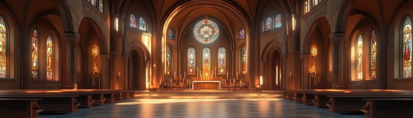 Fototapeta premium Grand Romanesque church interior, with high arches, stained glass, and a detailed altar, 3D architecture